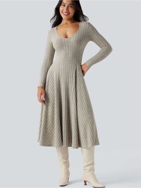 NWT Halara Ribbed Knit V Neck Long Sleeve Flare Midi Casual Dress